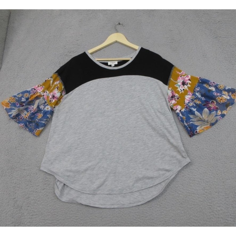 Umgee Boho‎ Shirt Womens Medium Gray Colorblock Floral Bell Sleeve Tunic Top